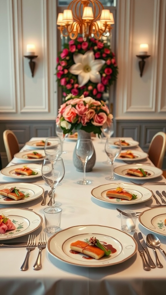 A sophisticated dining table set with elegant dinner plates and gourmet dishes.